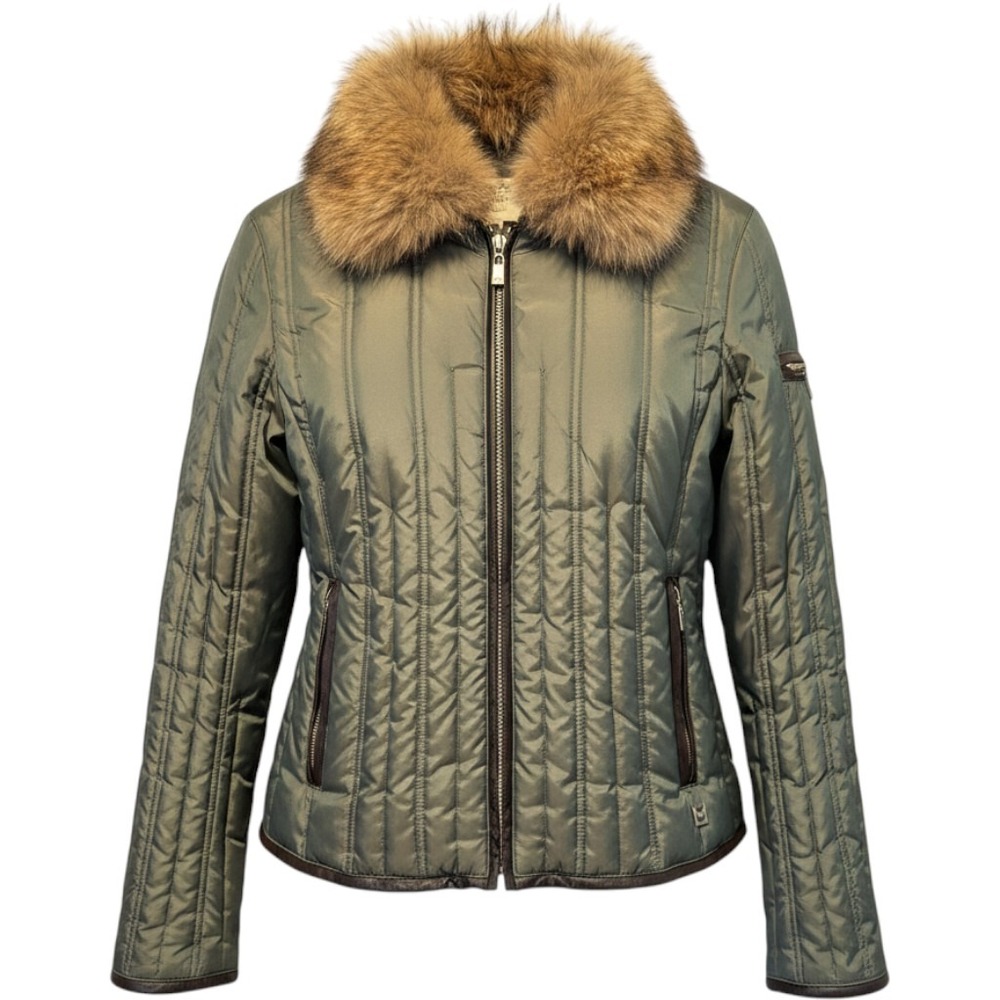 Michael Michael Kors Olive Green Quilted Puffer Jacket Real Fur Collar Womens L